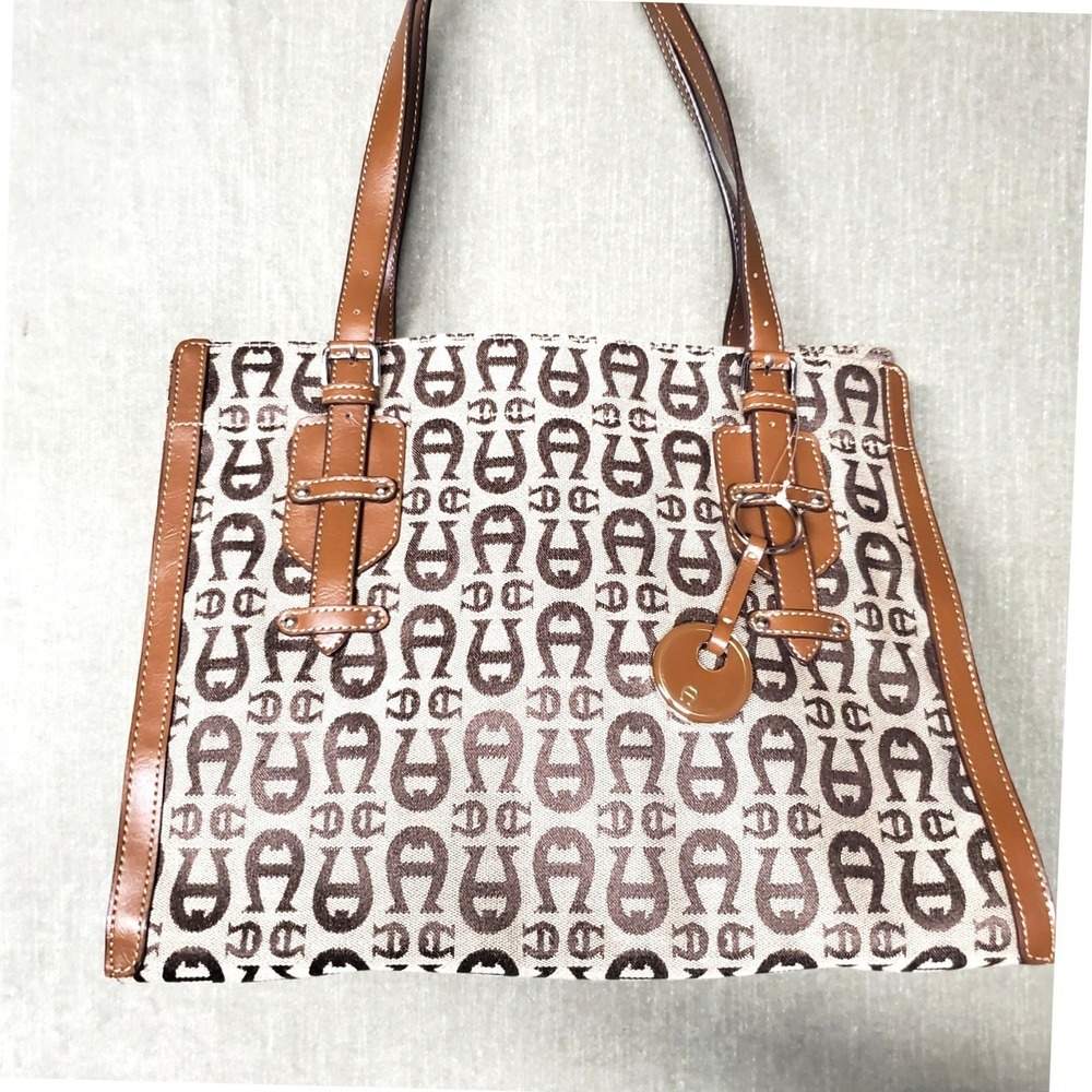 Etienne Aigner Logo Jacquard Tote Bag Brown Tan Monogram 31532